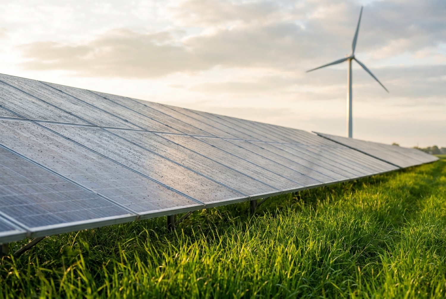 Fotovoltaická elektrárna a větrná turbína v zelené krajině